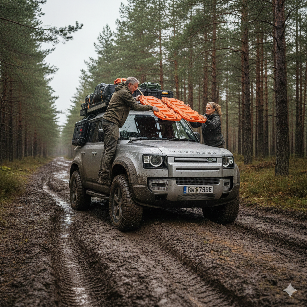 Recovery 101 hero image – safe overland recovery training with traction boards and a modern Land Rover Defender