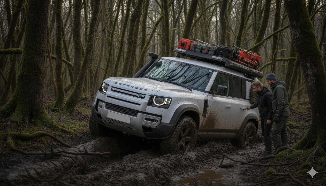 Overland recovery scene with modern 4x4, traction boards and safety-focused setup.