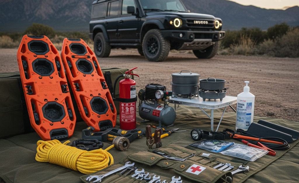 A close-up of essential off-roading gear including orange recovery boards, a kinetic rope, compressor, fire extinguisher, and tool roll on a mat. A dark Ineos Grenadier and mountains are in the background essential gear loadout