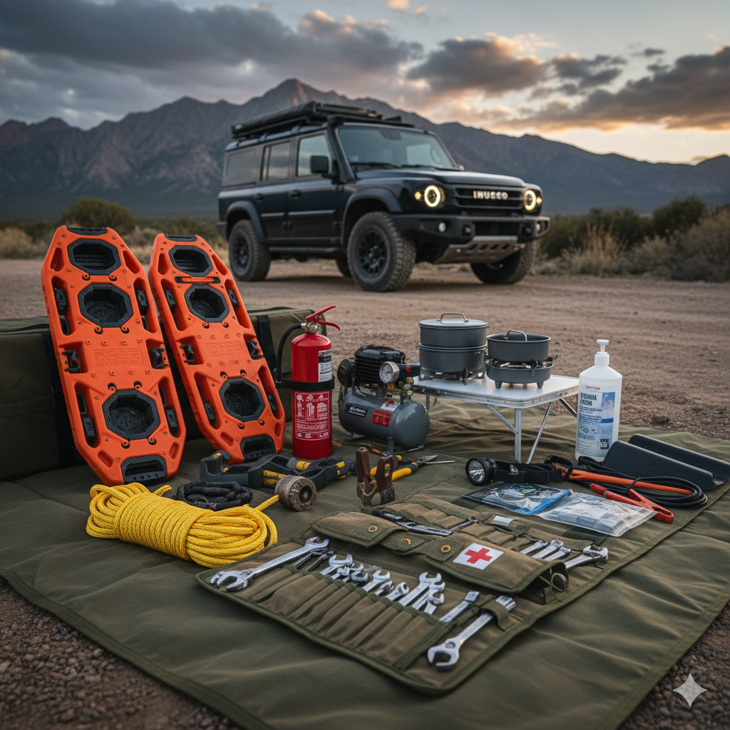 A close-up of essential off-roading gear including orange recovery boards, a kinetic rope, compressor, fire extinguisher, and tool roll on a mat. A dark Ineos Grenadier and mountains are in the background essential gear loadout