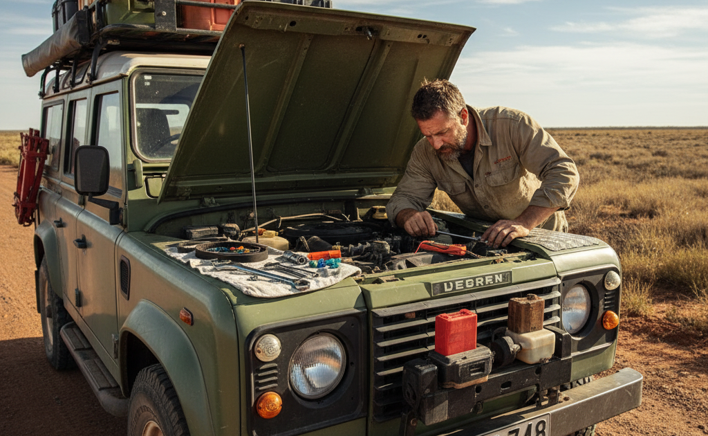 A lone overlander demonstrates essential bush mechanic skills, intently working on the engine of a green Land Rover Defender with its hood open, amidst a remote, dusty outback landscape under a bright sky.