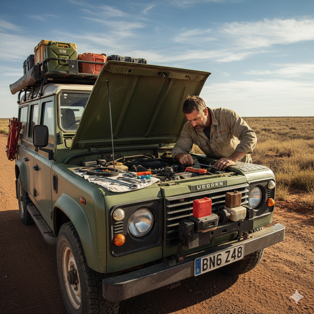 A lone overlander demonstrates essential bush mechanic skills, intently working on the engine of a green Land Rover Defender with its hood open, amidst a remote, dusty outback landscape under a bright sky.