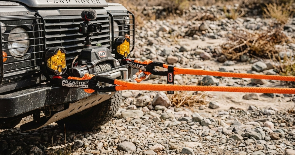 A close-up shot of the front of a grey Land Rover Defender, equipped for off-road expeditions. It features a heavy-duty bumper, a winch, and auxiliary lights. Two orange kinetic recovery ropes, each connected with a soft shackle, are attached to the front of the vehicle. The ropes lead out of frame to the right. The vehicle is parked on a rocky, dry terrain, suggesting an off-road or wilderness setting.