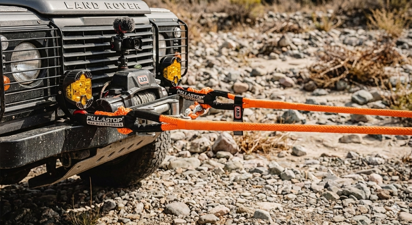 Soft shackles and recovery gear laid out beside a 4x4 ready for off-road recovery