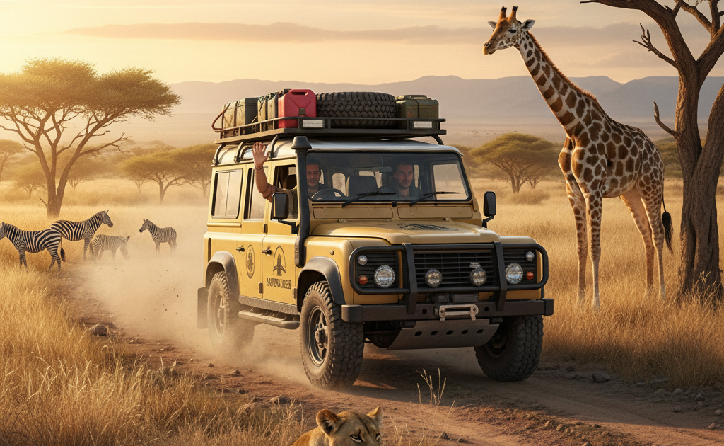 A classic Land rover Defender driving in the African bush with animals