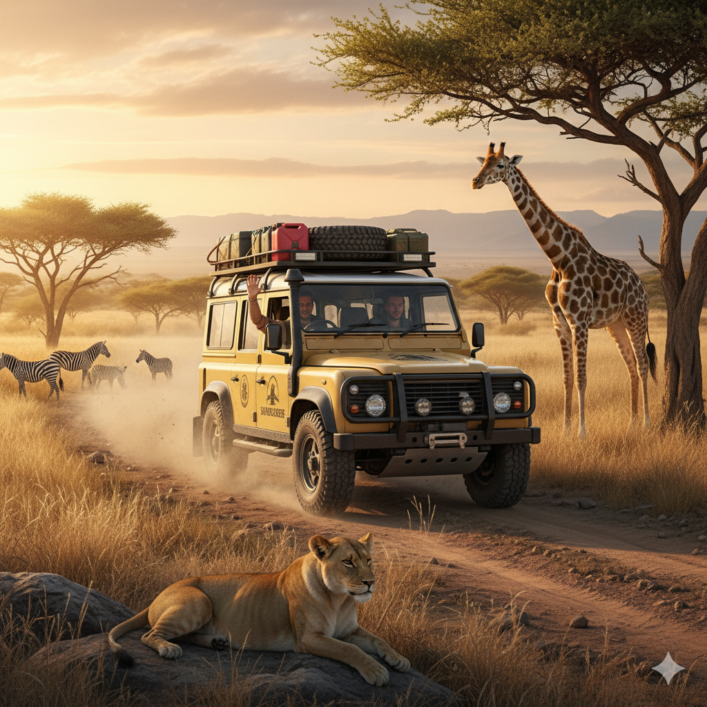 A classic Land rover Defender driving in the African bush with animals