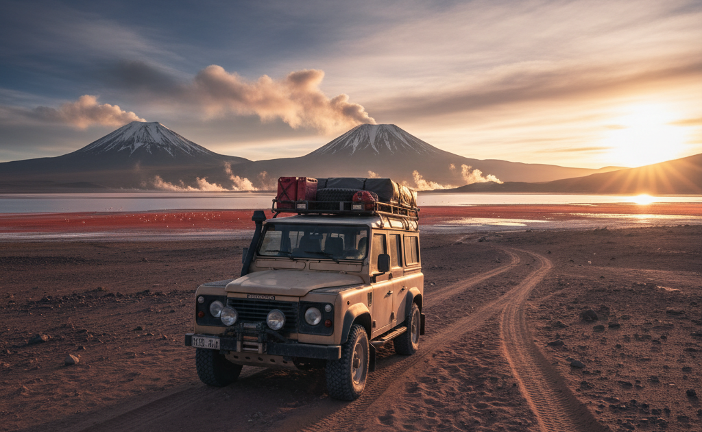 A classic, expedition-prepared Land Rover Defender on a remote overlanding route in the mountainous wilds of South America.