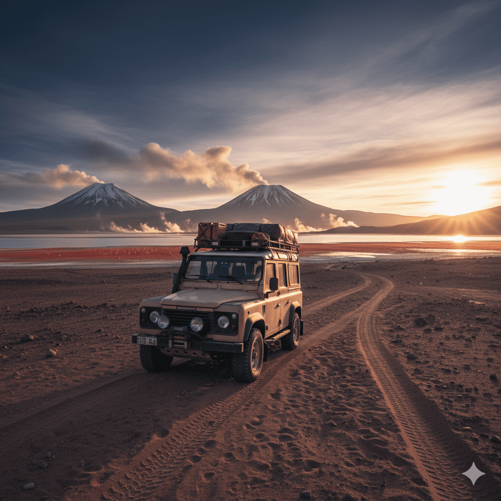 A classic, expedition-prepared Land Rover Defender on a remote overlanding route in the mountainous wilds of South America.
