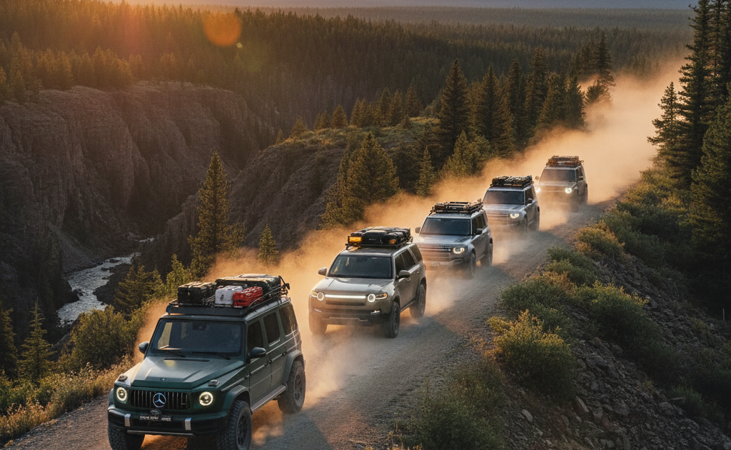 A convoy of new model 4wd trucks on overlanding routes in North America