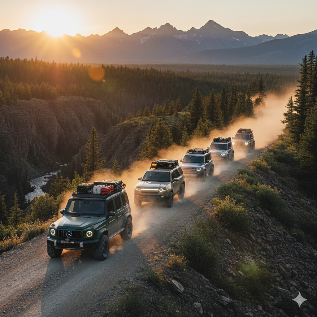 A convoy of new model 4wd trucks on overlanding routes in North America