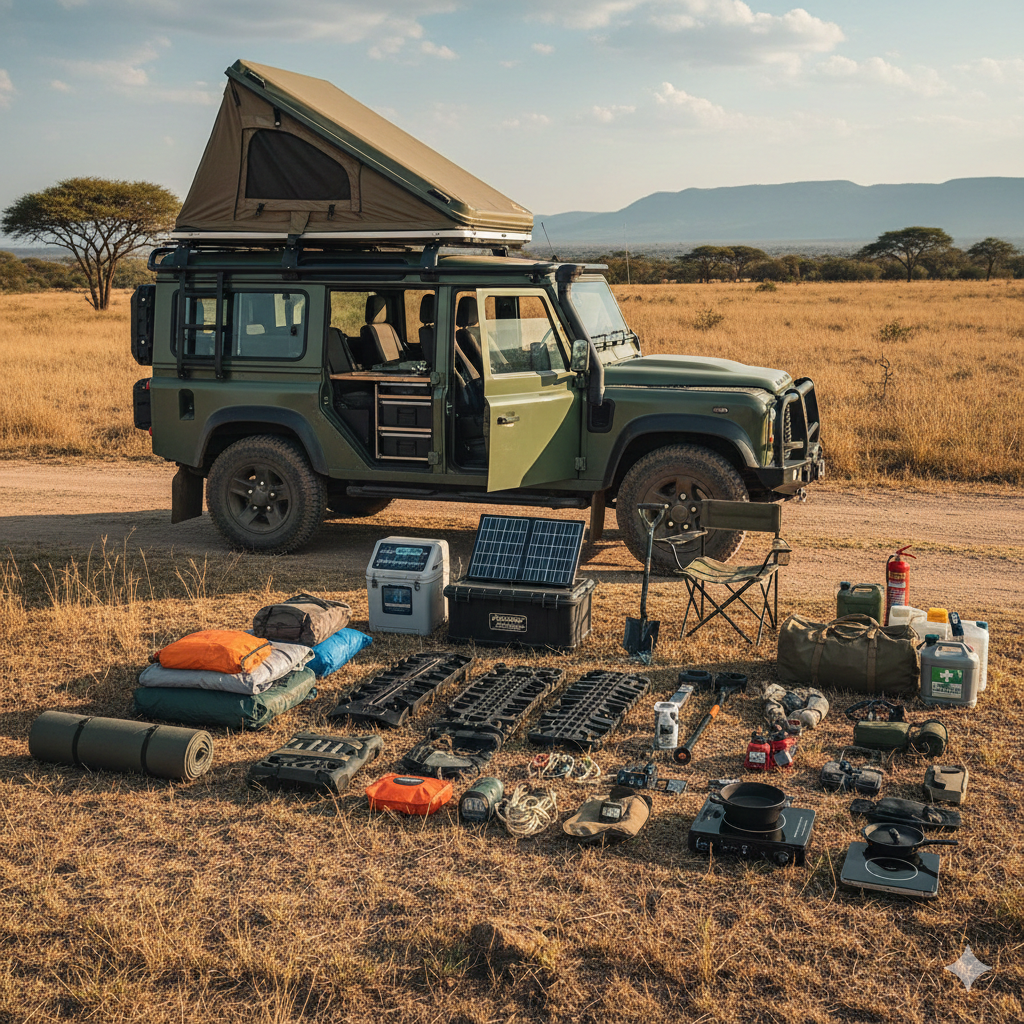 A Land Rover Defender 110 with rooftop tent and a complete overlanding gear list laid out on the ground, ready for an expedition.