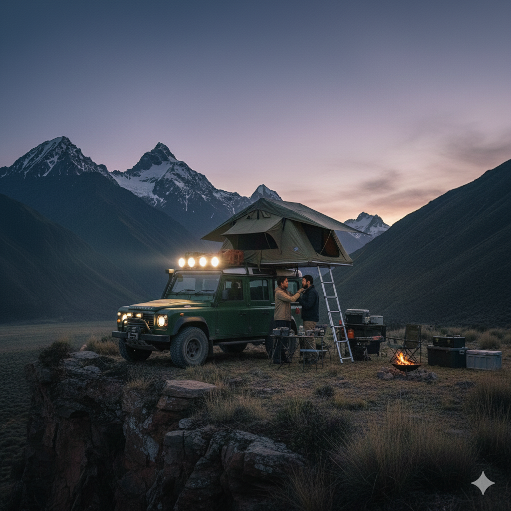 Lesson 4 – Overland camp set up with awning, chairs and organised kitchen.