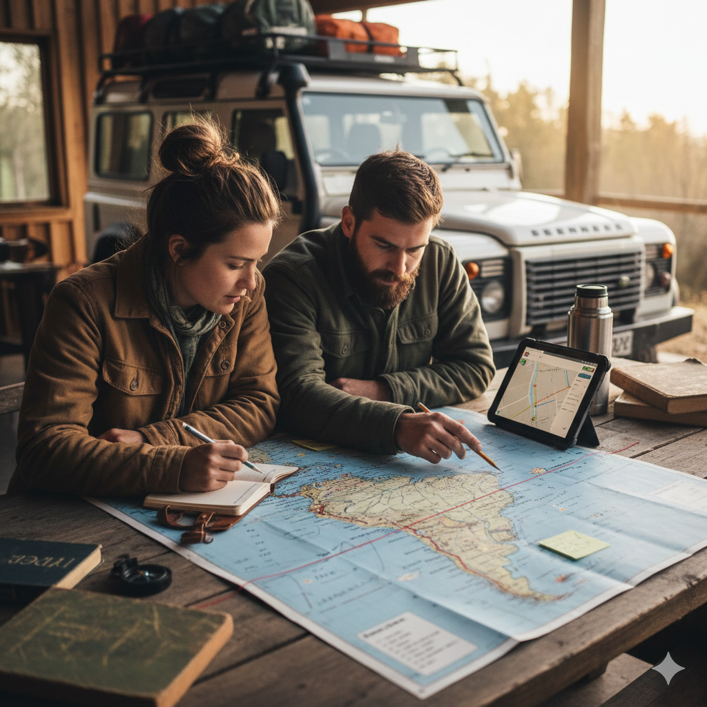 Lesson 3 – Maps and navigation apps on a table with an overland route drawn out.