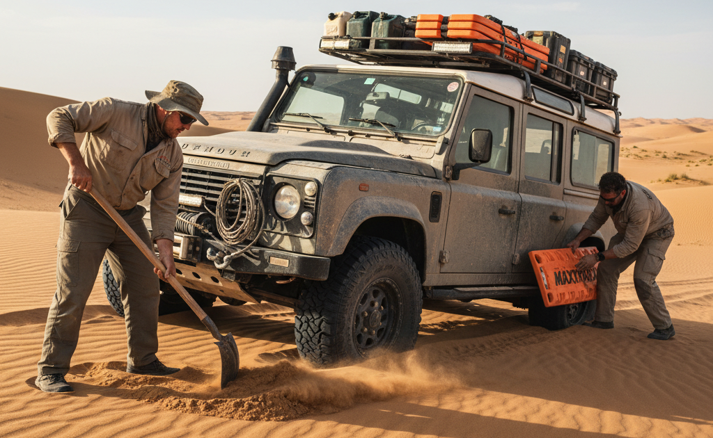 Getting Unstuck From Sand: A detailed, photorealistic image shows a Land Rover Defender expedition truck stuck in a desert. One man is actively shoveling sand from in front of the front wheel, while another man places a bright orange MaxTrax recovery board under the rear wheel to aid in self-recovery. The scene captures the effort and equipment involved in off-road recovery.