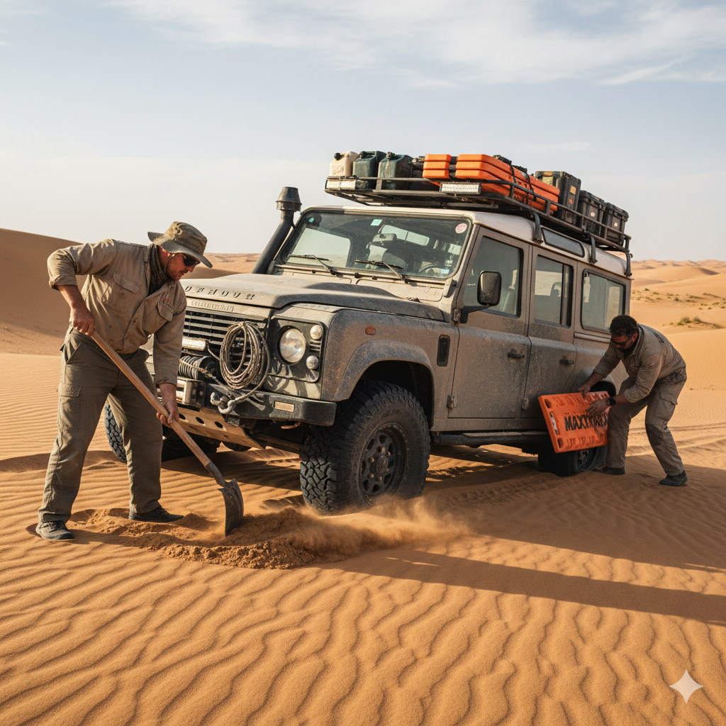 Getting Unstuck From Sand: A detailed, photorealistic image shows a Land Rover Defender expedition truck stuck in a desert. One man is actively shoveling sand from in front of the front wheel, while another man places a bright orange MaxTrax recovery board under the rear wheel to aid in self-recovery. The scene captures the effort and equipment involved in off-road recovery.