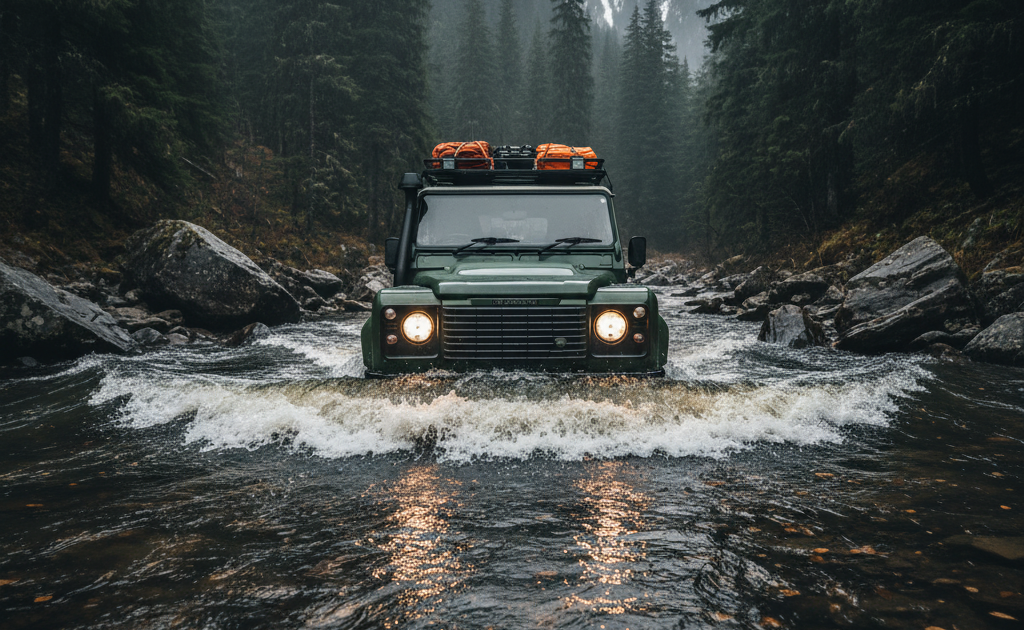 Safe River Crossing Land Rover Defender 110 with snorkel, half-submerged mid-river in Canada, pushing a huge bow wave during a deep water crossing.