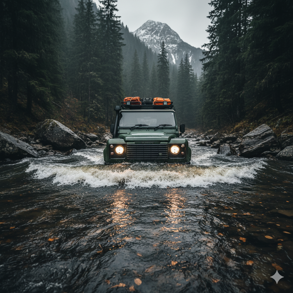 Safe River Crossing Land Rover Defender 110 with snorkel, half-submerged mid-river in Canada, pushing a huge bow wave during a deep water crossing.