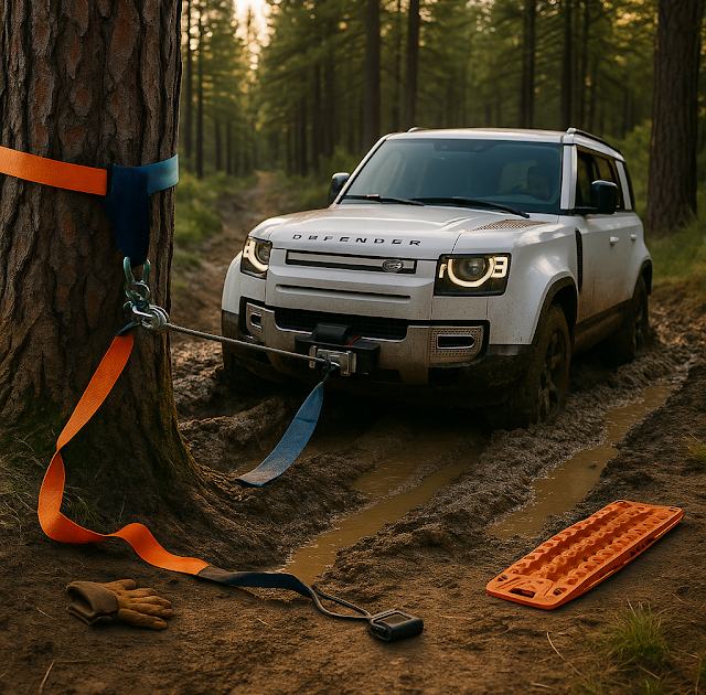 White Land Rover Defender winching itself from a deep muddy rut, cable to a tree via tree-saver and shackle, with line damper and traction boards—safe recovery setup