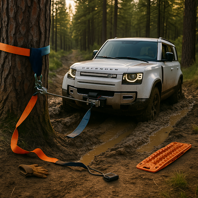 White Land Rover Defender winching itself from a deep muddy rut, cable to a tree via tree-saver and shackle, with line damper and traction boardsโsafe recovery setup