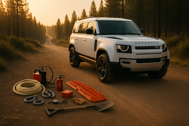 White Land Rover Defender parked at a trailhead at golden hour with beginner off-road gear laid out in the foregroundโkinetic strap, soft shackles, traction boards, shovel, compressor, tire gauge, gloves, first-aid kit, and fire extinguisherโfeatured image for โOff-Roading 101 Beginner 4WD Basics