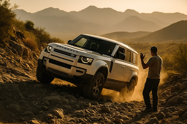 White Land Rover Defender climbing a rocky incline through muddy ruts with a shallow water crossing ahead as a spotter guides from the sideโintermediate Off-Road Driving Skills