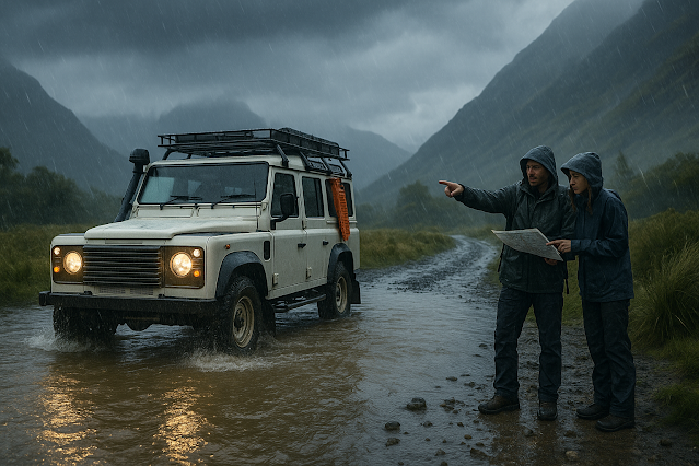 Couple stands beside their overlanding Land Rover Defender in torrential rain, parked before a flooded mountain track, reading the water depth and flow before crossing.