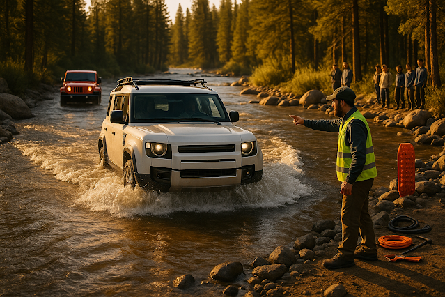 Off-road instructor with Advanced Off-Road Skills guiding a white Land Rover Defender through a river crossing, with a red Jeep and silver Toyota queued behind; trainees watch from a safe distance on the bank.