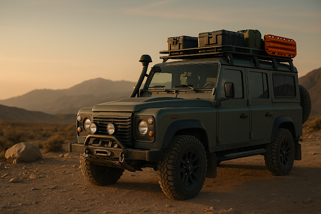 Expedition-prepared Land Rover Defender 4x4 with roof rack, winch, spare tires and recovery gear on a mountain dirt track at sunrise.
