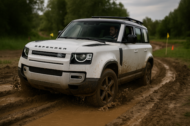 White Land Rover Defender driving through deep muddy ruts on an off-road training course, wheels articulated, Mastering 4wd Off-Road skills demonstration.