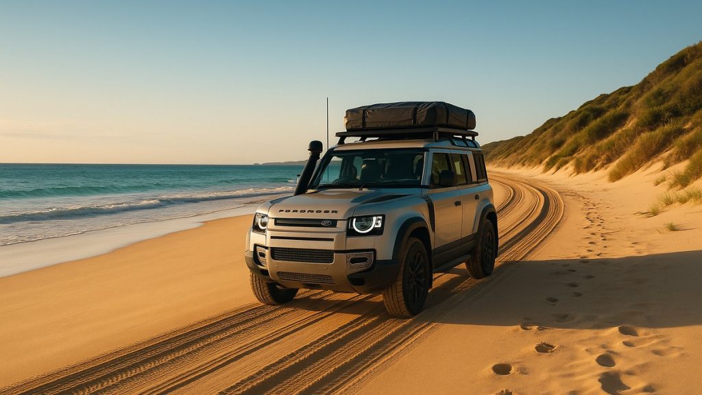 Expedition-equipped Land Rover Defender driving along a secluded Australian beach at golden hour, roof rack loaded, ocean surf and sand dunes in the background