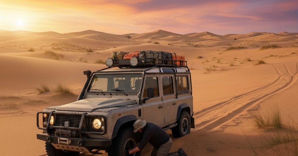 Land rover defender in the desert and the driver is airing down his tyres preparing for sand driving technique
