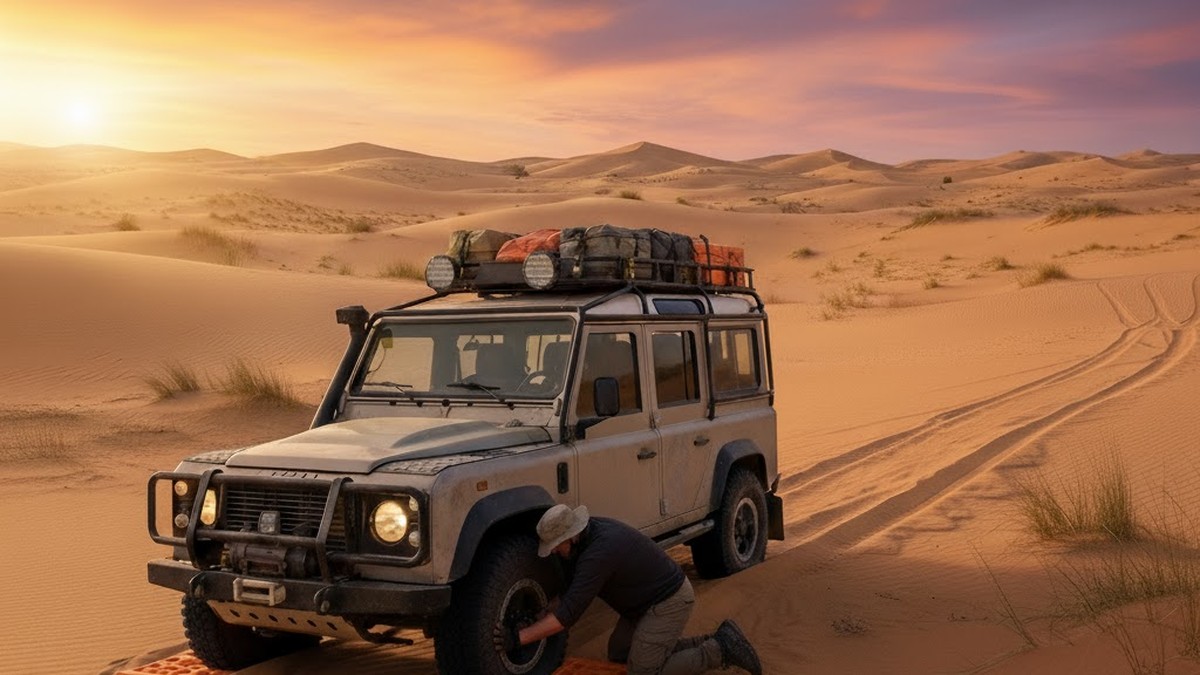 Defender driving confidently across a sandy beach with recovery support nearby